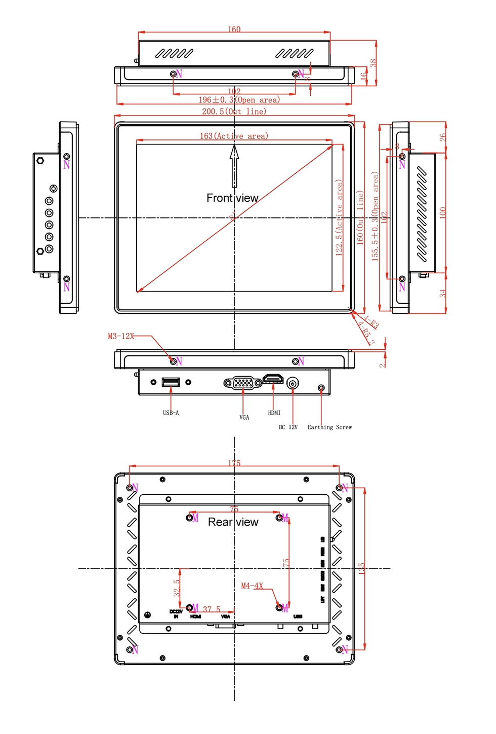 8 Inch Open-Frame Touchscreen Monitor dimensions and mechanical drawing