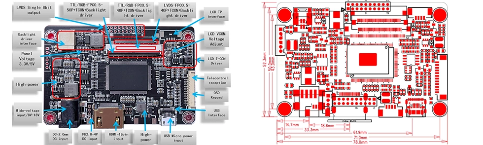 HDMI to TTL Interface AD Board dimensions and mechanical drawing