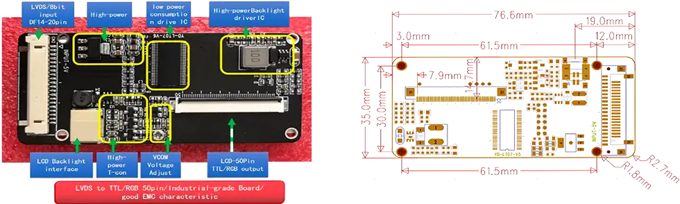 LVDS to TTL Signal Conversion Board dimensions and mechanical drawing